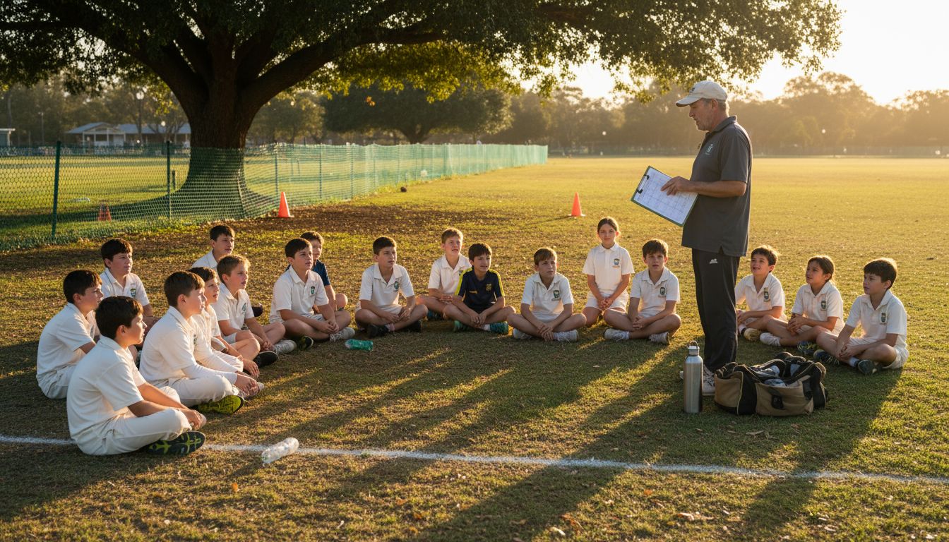 Coach discussing cricket safety checklist outdoors
