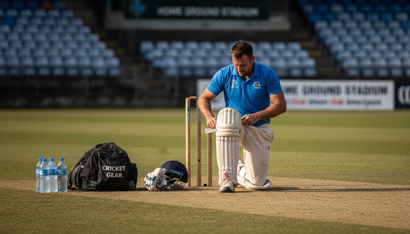 Cricket player adjusting batting pads on field