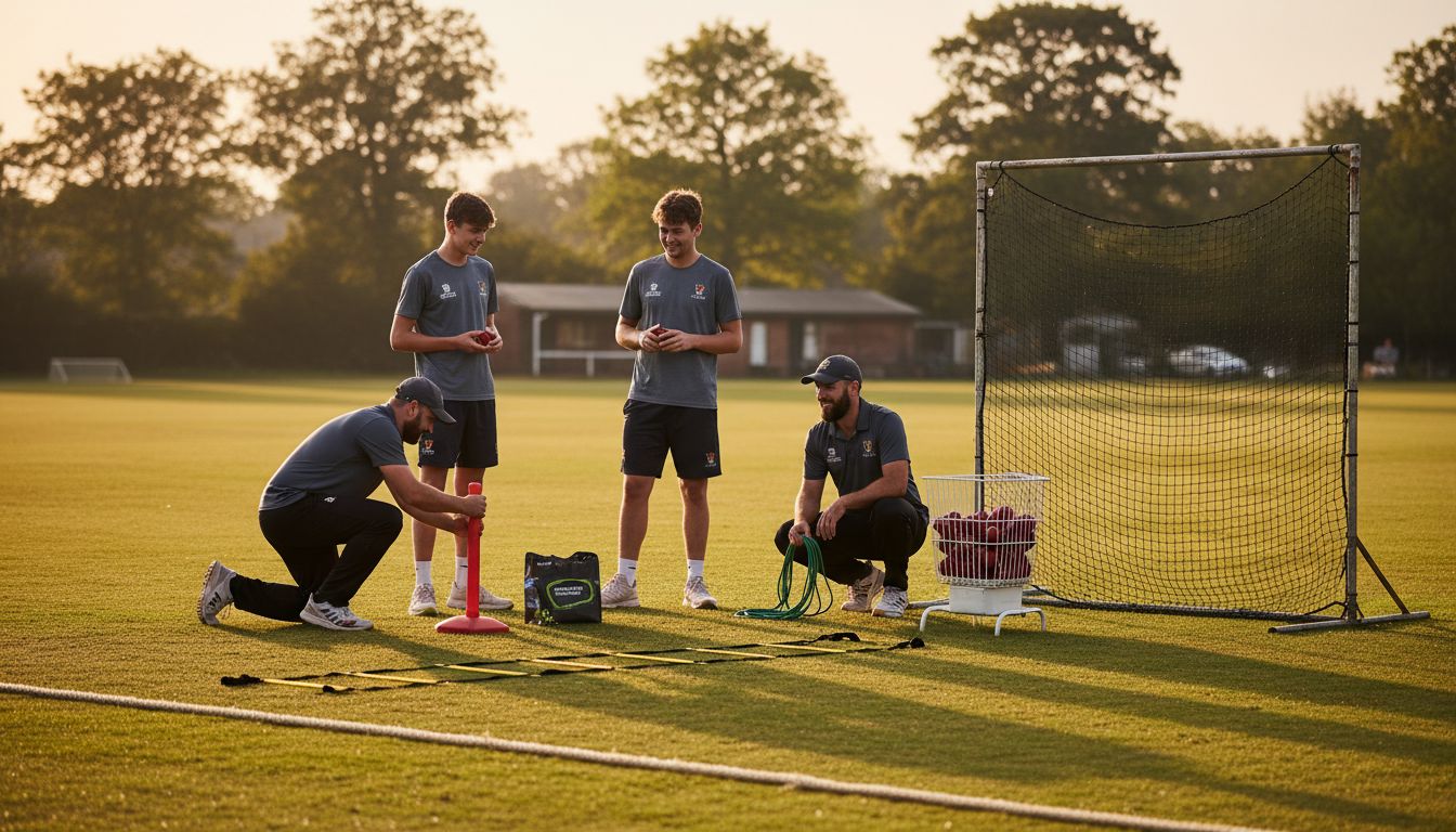 Cricket players setting up various training aids outdoors